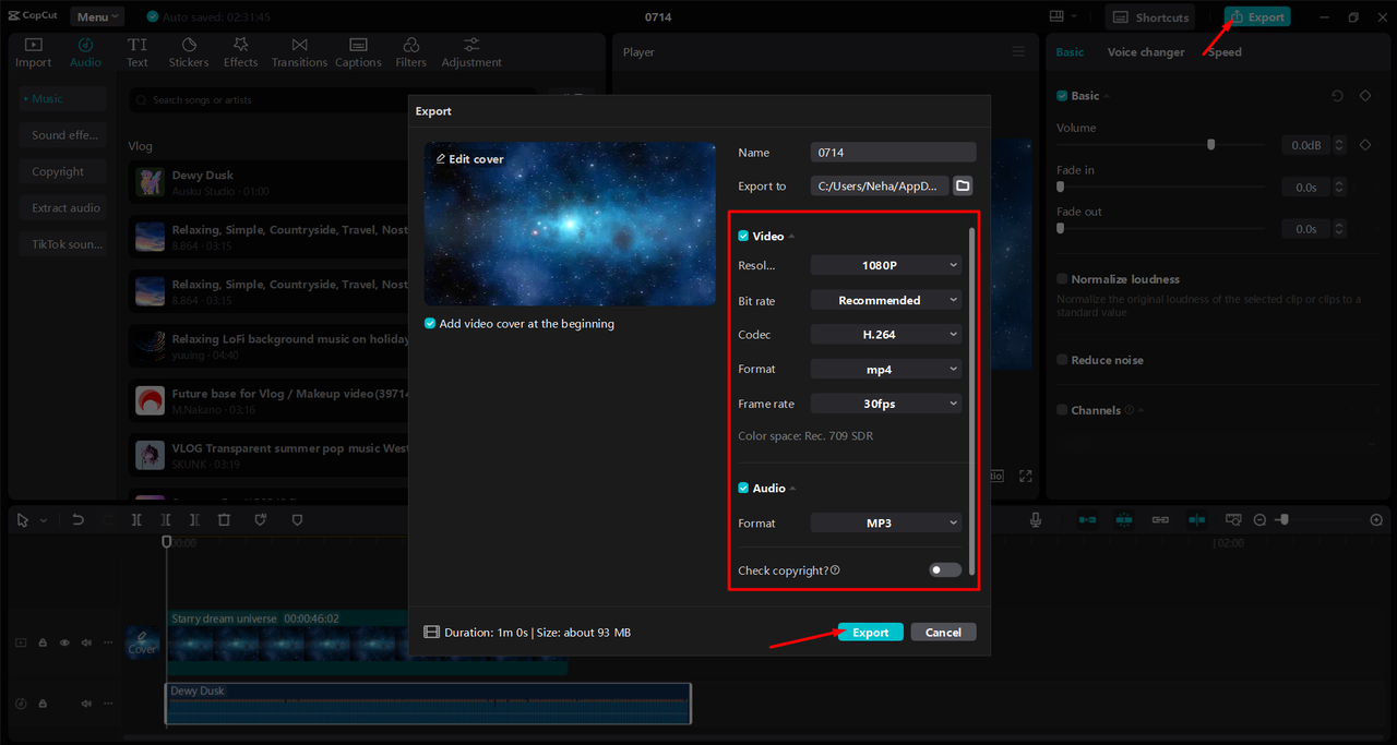 Exporting the edited video with thumbnail from the CapCut desktop video editor