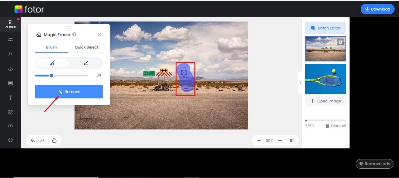 Interface of Fotor showing how to remove an  object from a video online