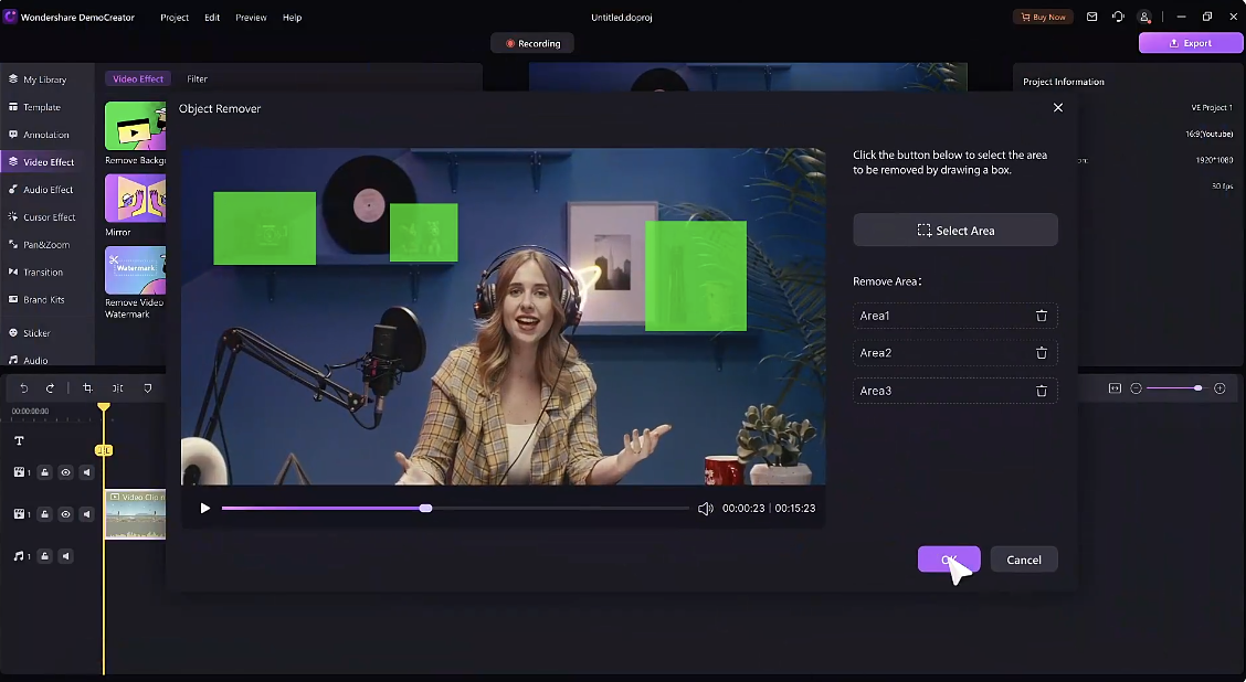 Wondershare DemoCreator interface showing how to remove objects from video online