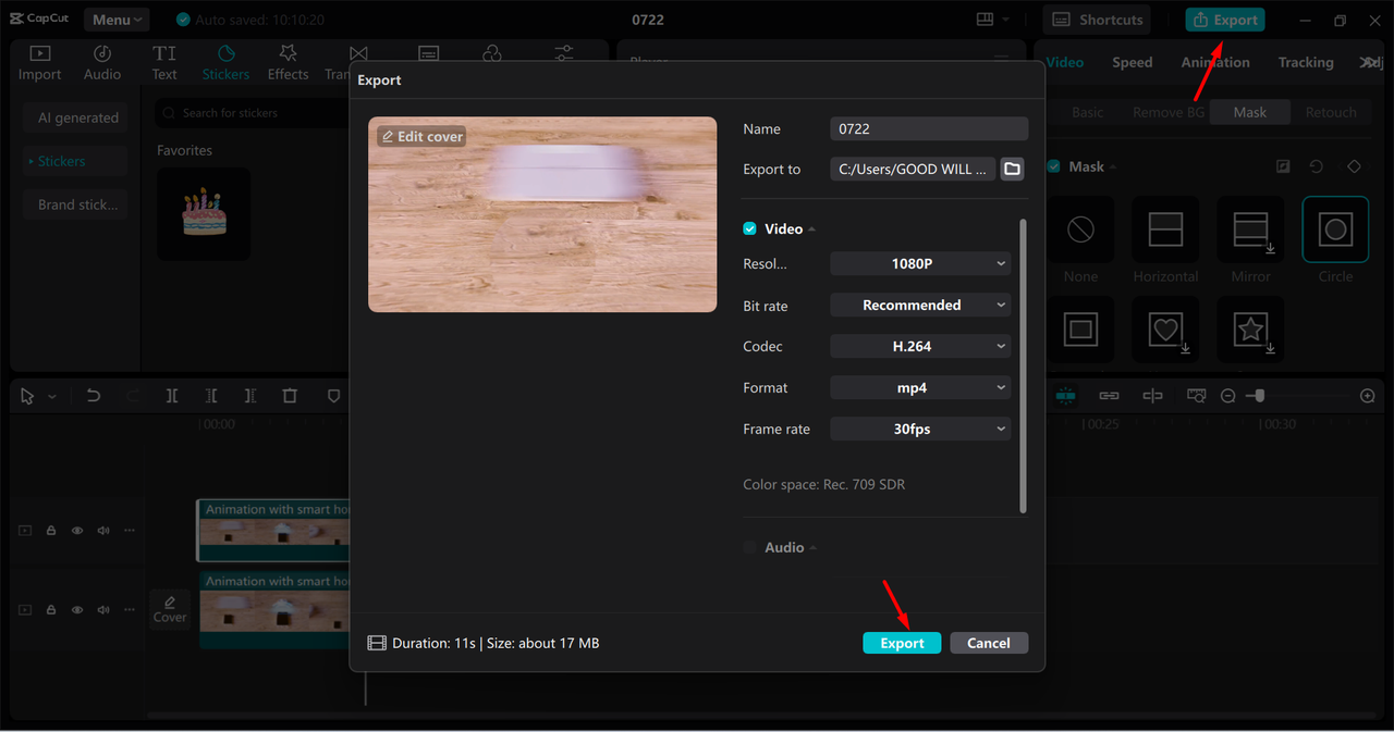 Exporting the edited video from the CapCut desktop video editor