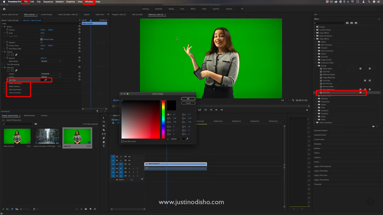 Using the ultra key effect to remove the green screen in Premiere Pro