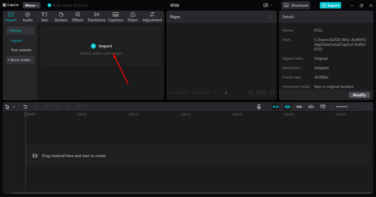 Importing video to remove background in the CapCut desktop video editor