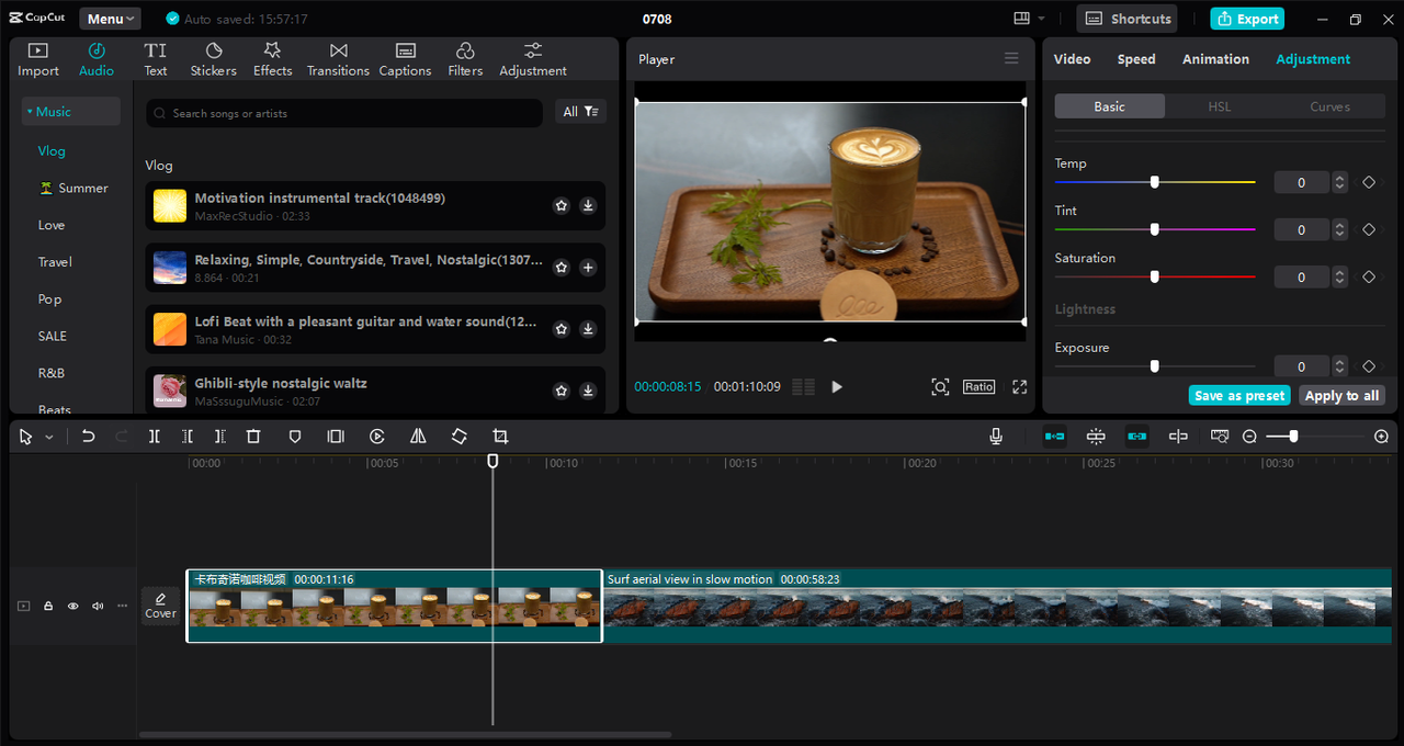 Interface of the CapCut desktop video editor - the robust color grading software for video