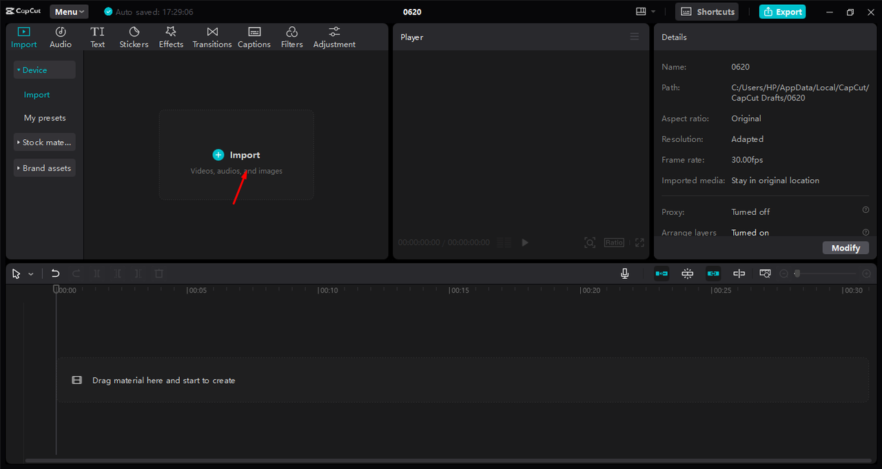 Uploading video for color grading in the CapCut desktop video editor 