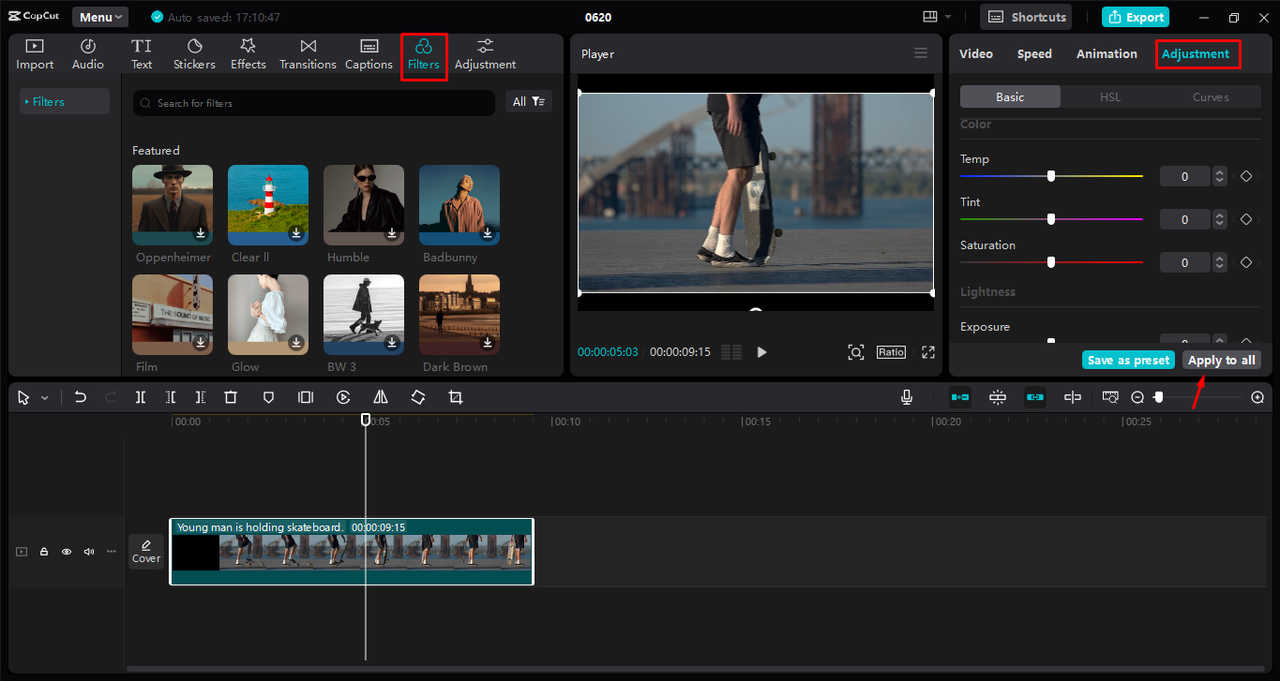 Adjusting the video colors in the CapCut desktop video editor 