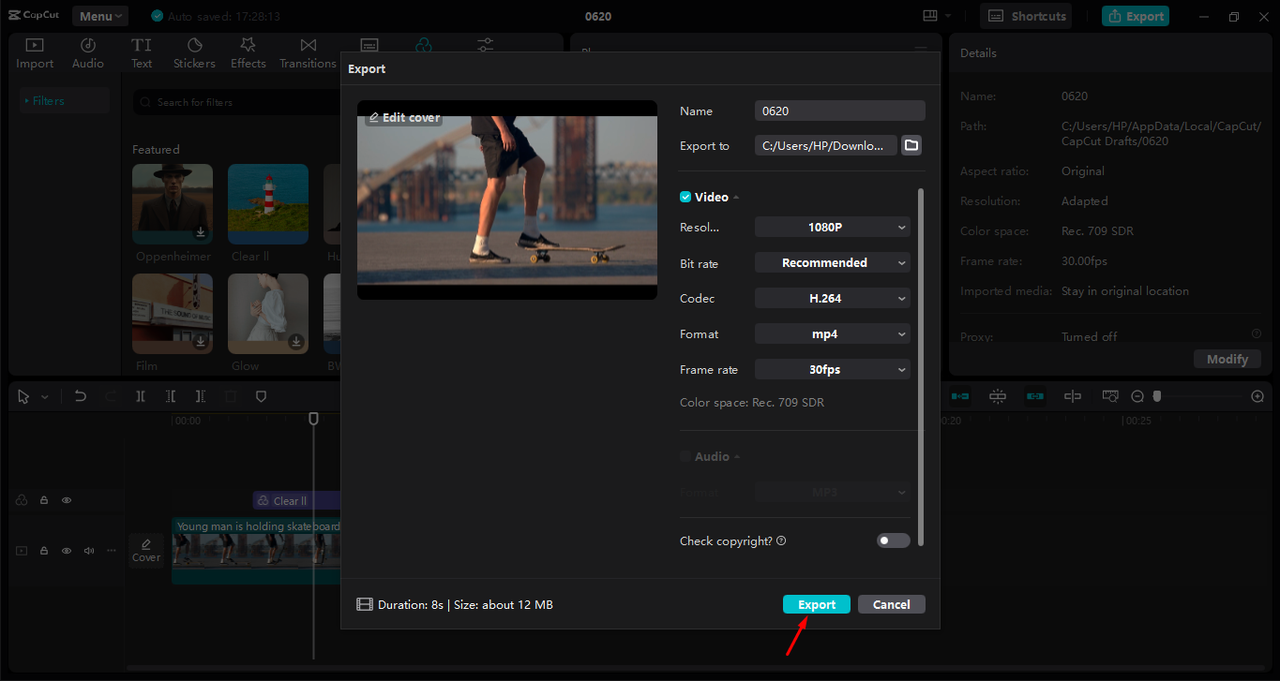 Exporting video after color grading in the CapCut desktop video editor 