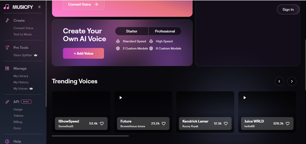 Interface of Musify – a free AI anime voice generator