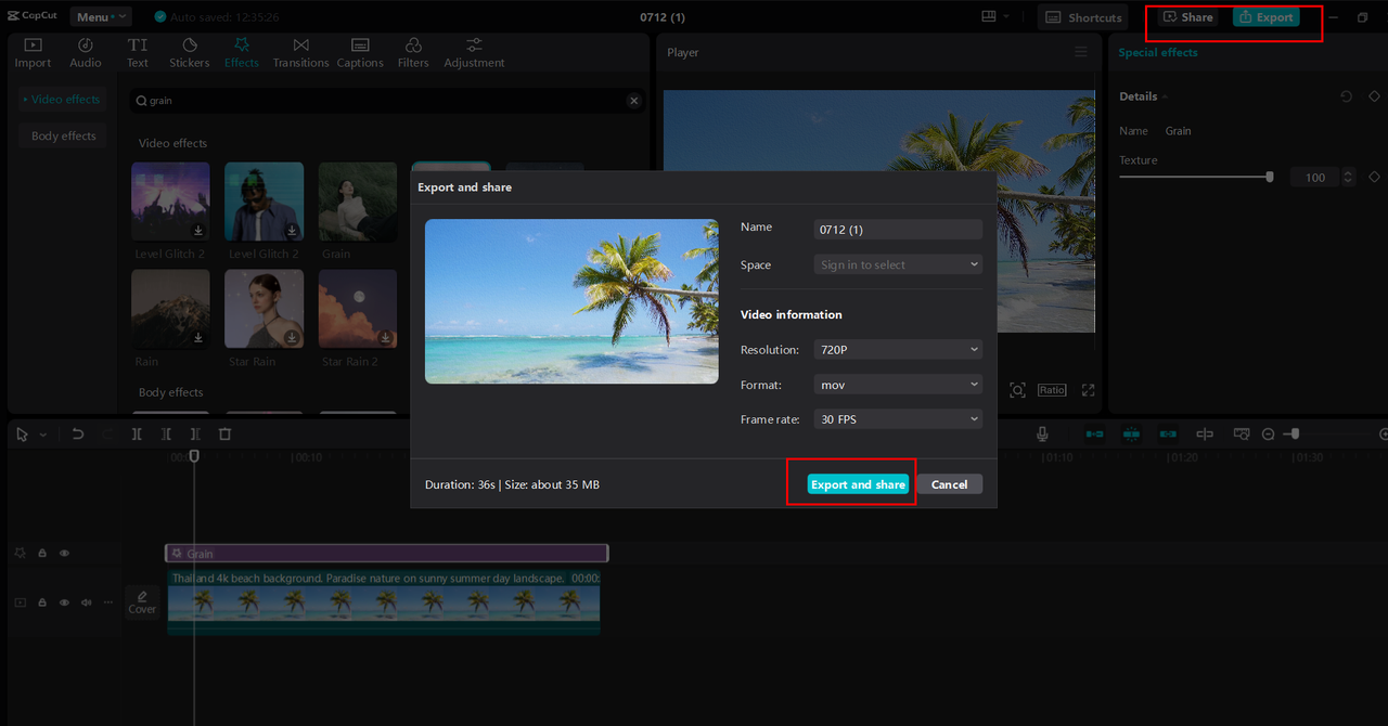 Exporting or sharing the video from the CapCut desktop video editor