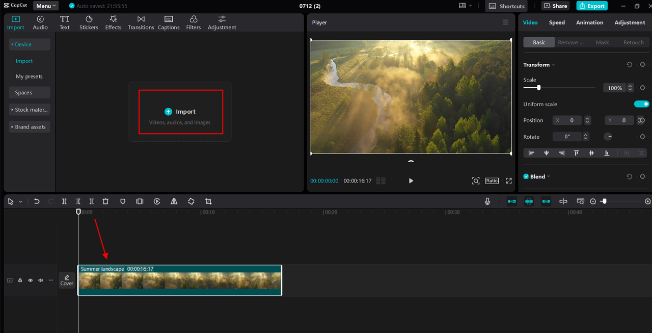 Importing video footage in CapCut desktop video editor