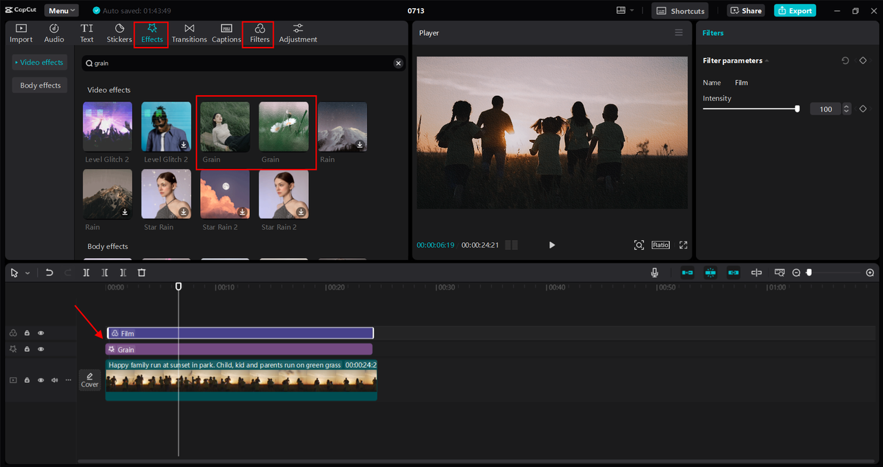 Adding the old film overlay effect and adjusting it to the CapCut desktop video editor