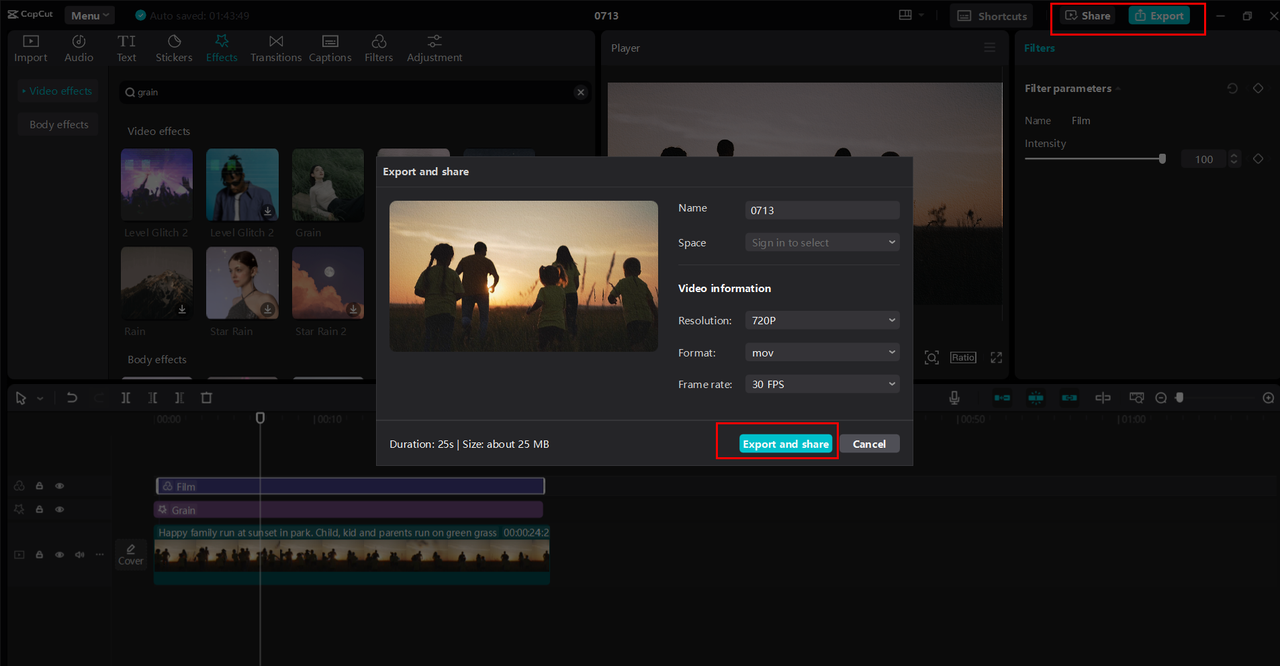 Exporting or sharing the video from the CapCut desktop video editor 