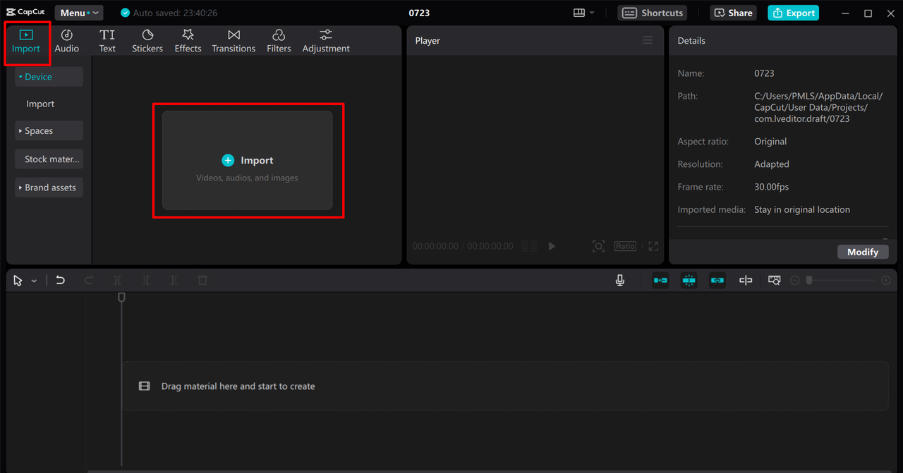 Importing video from the device to the CapCut desktop video editor