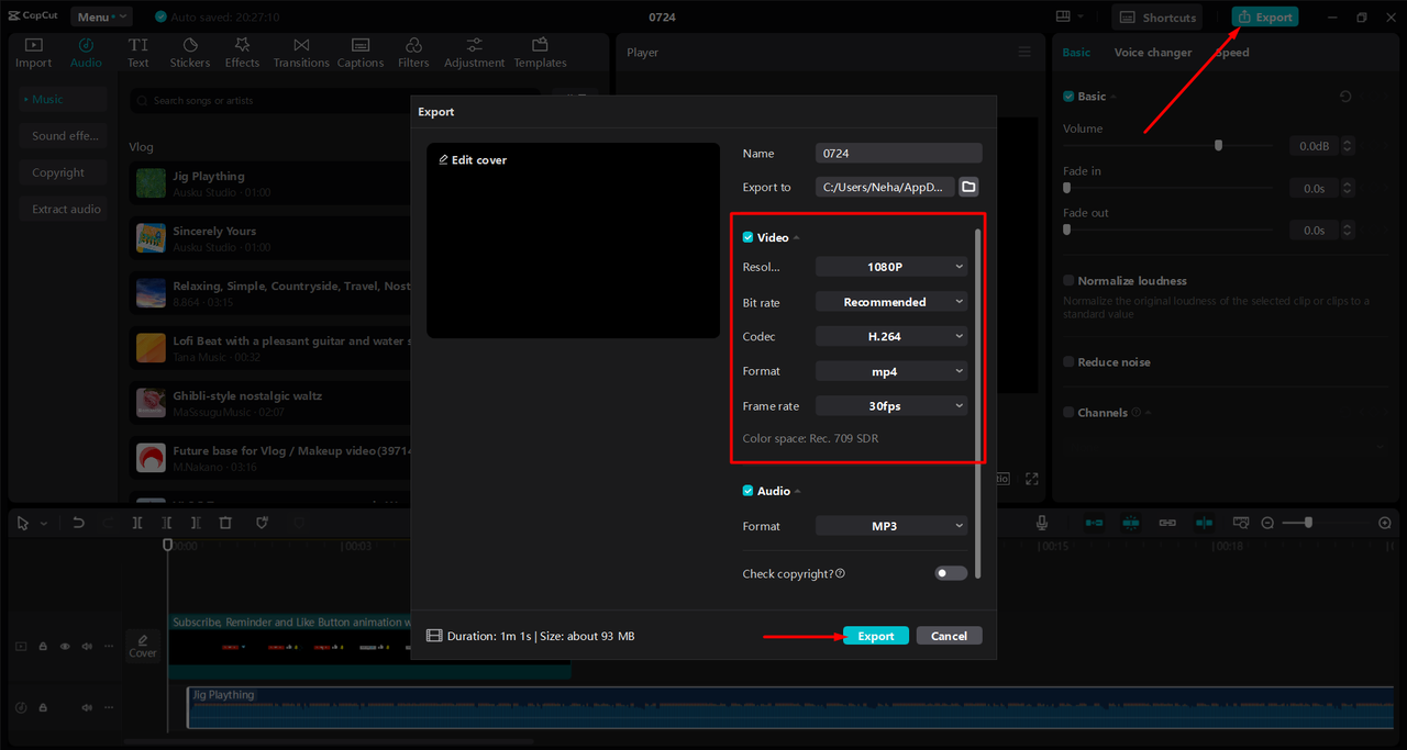 Exporting video from the CapCut desktop video editor