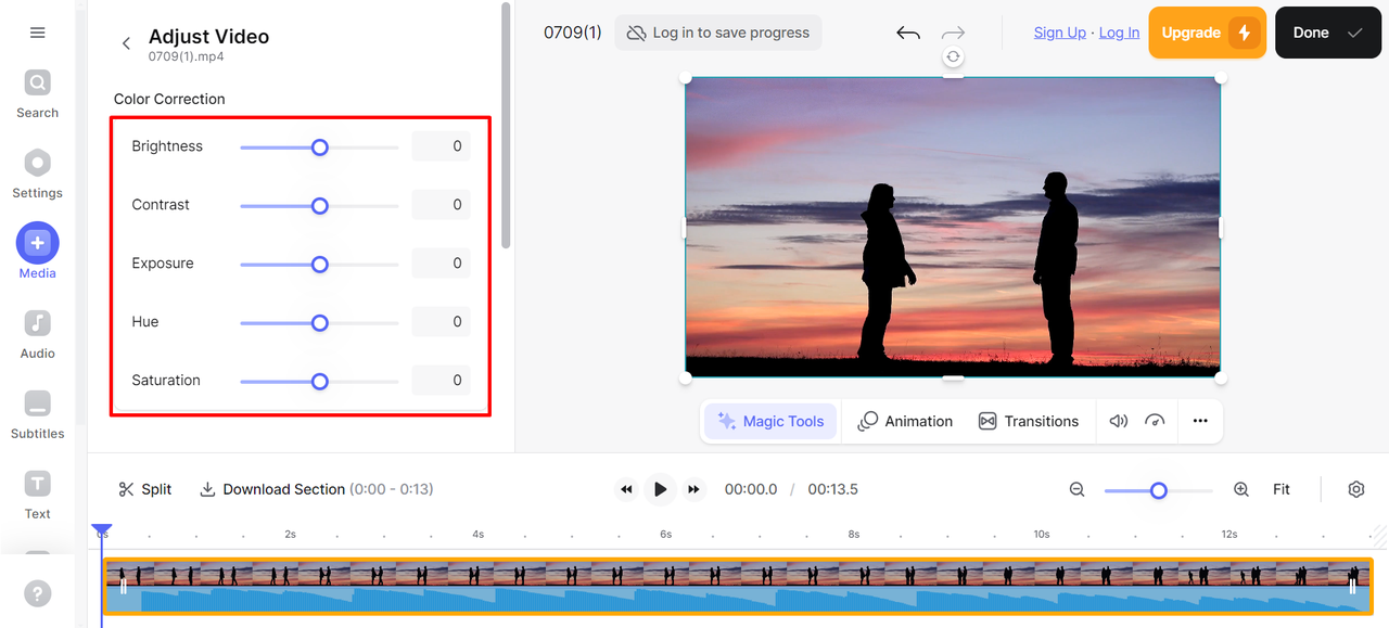 Interface of VEED.io - a well-known color correction online tool