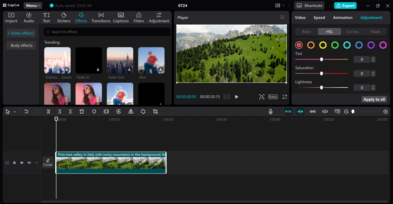 Editing interface of the CapCut desktop video editor - a perfect video AI color correction tool