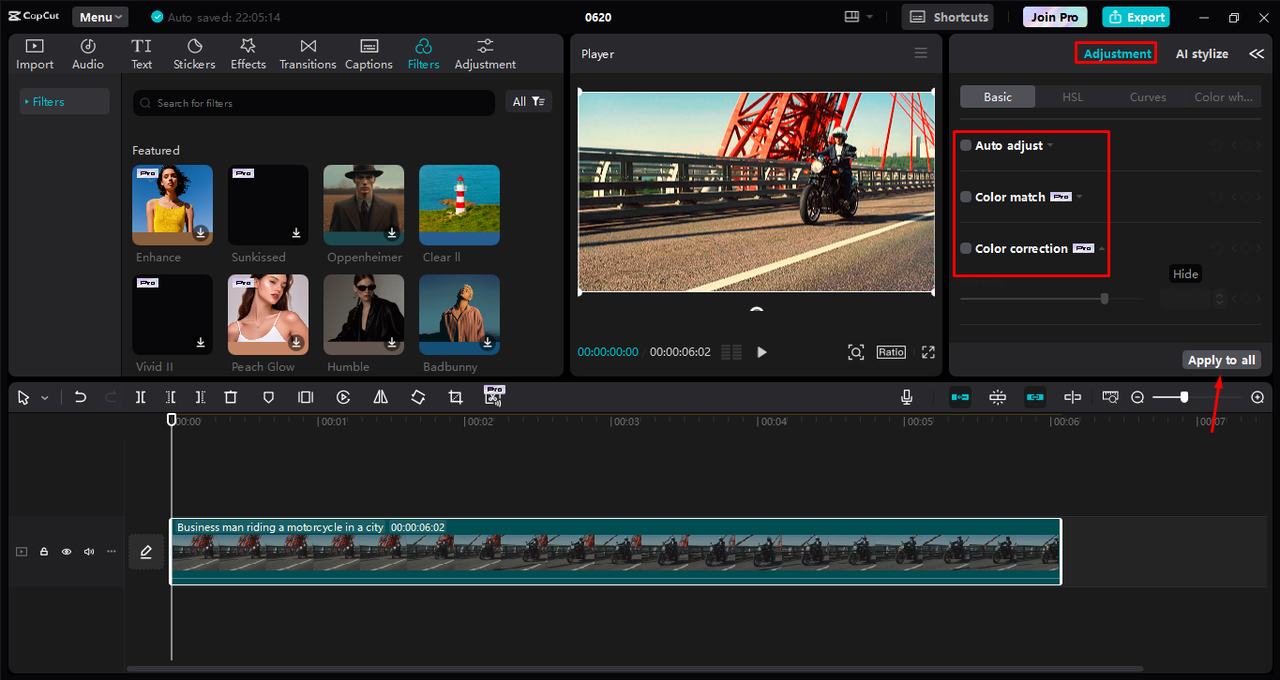 Utilizing the AI color correction tool in the CapCut desktop video editor