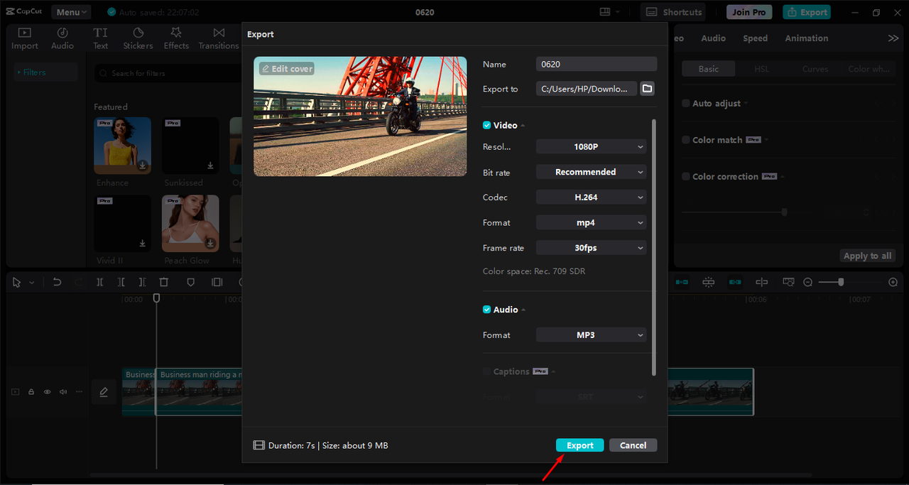 Exporting the video after correcting colors from the CapCut desktop video editor