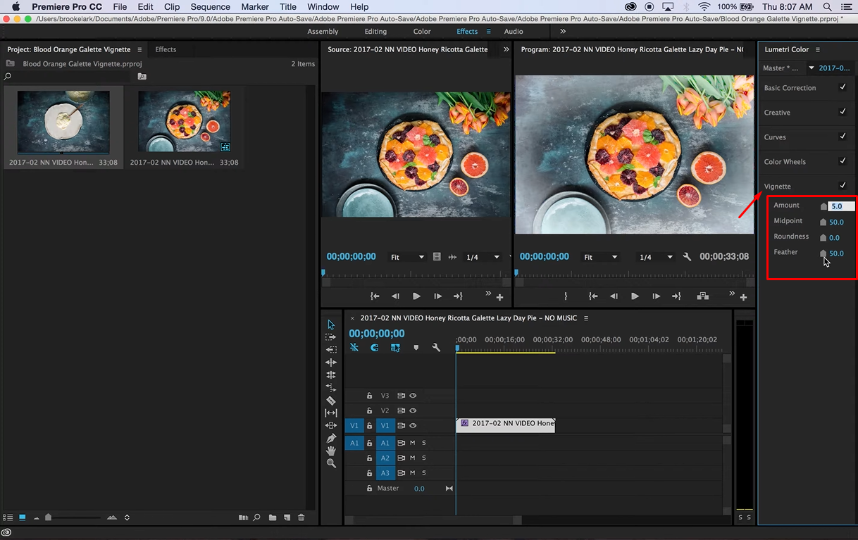  Interface showing Adobe Premiere color correction process by using Vignette section