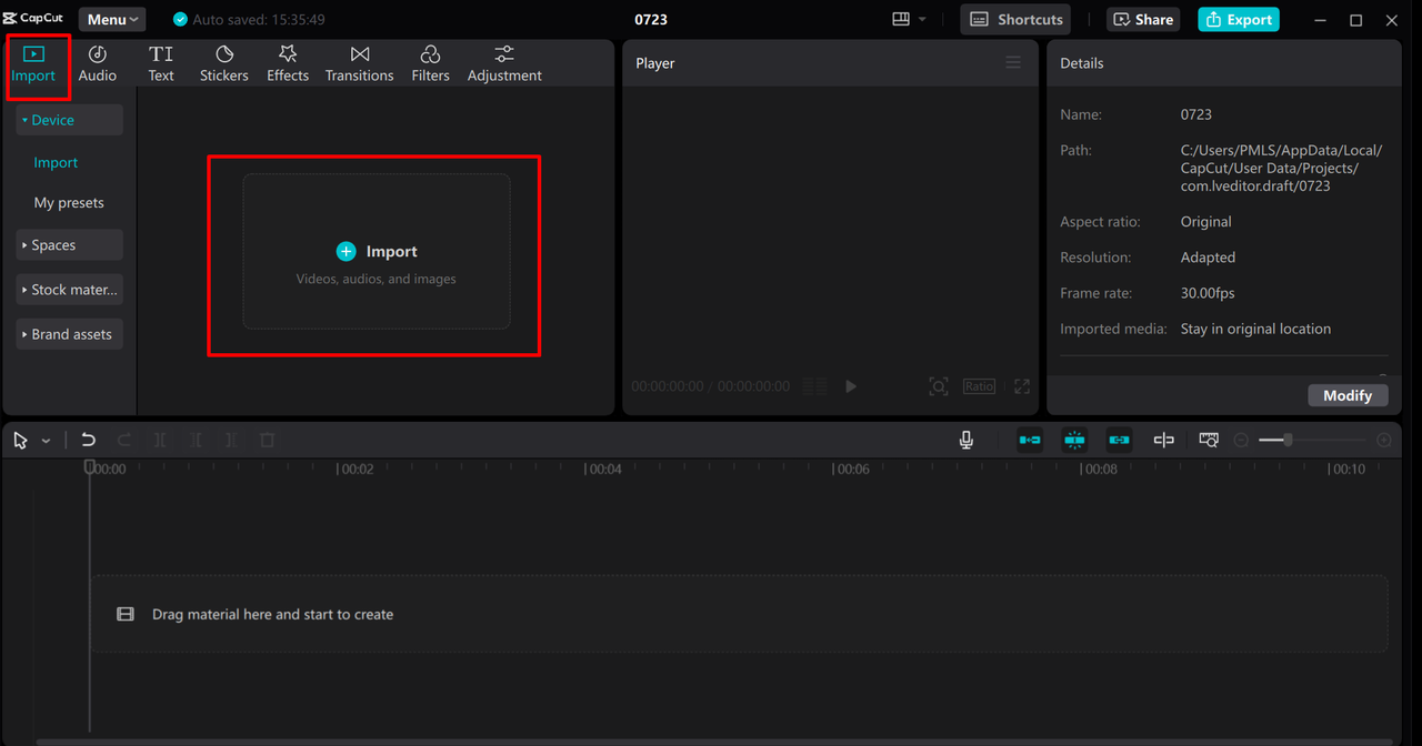 Importing the AVI file to compress in the CapCut desktop video editor