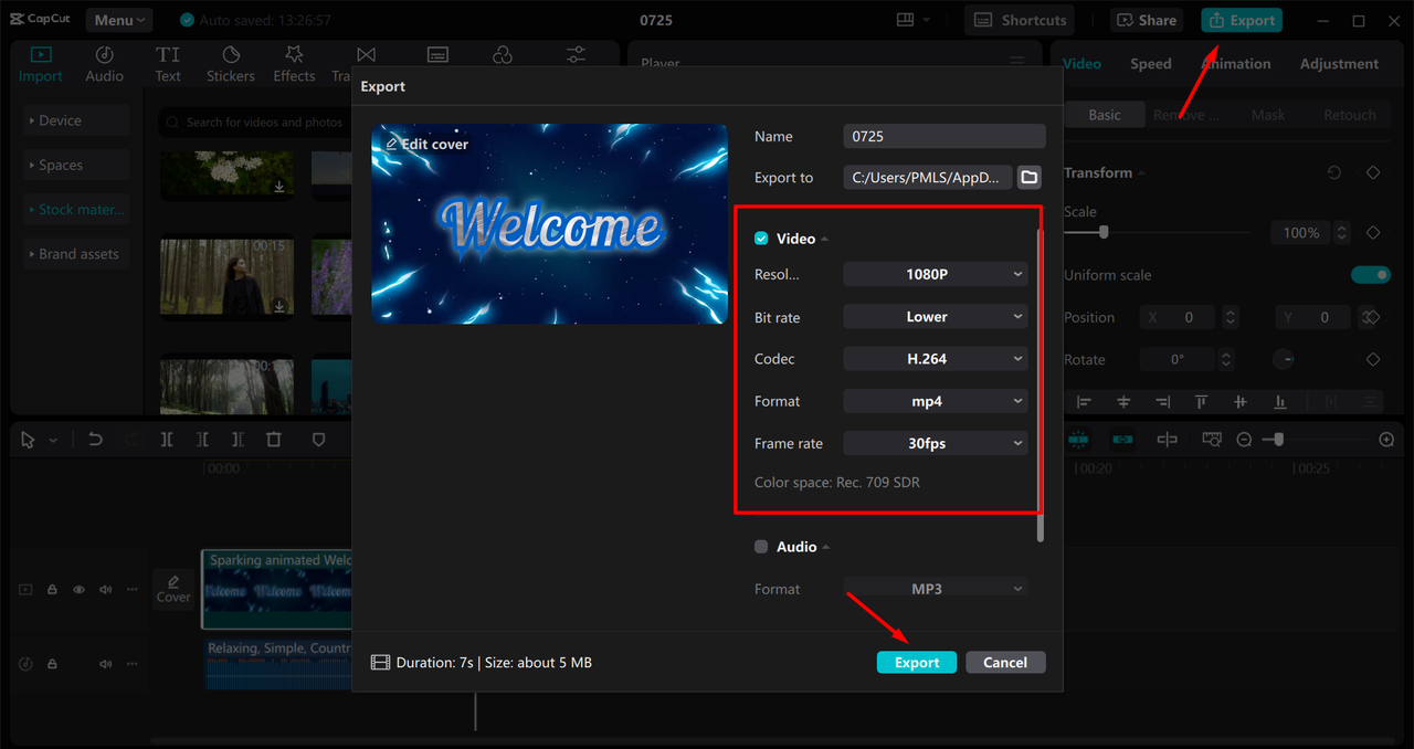 Compressing the AVI files in the CapCut desktop video editor