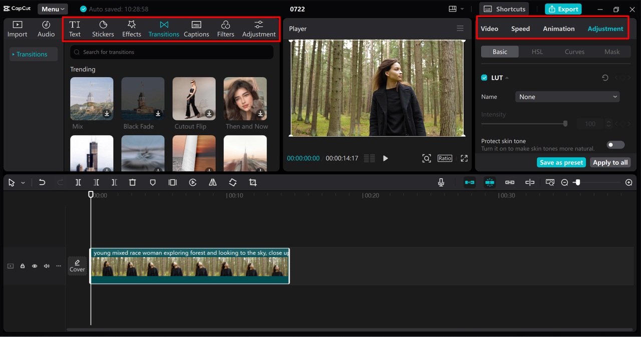 Editing interface of the CapCut desktop video editor - a robust tool to add transitions to your video