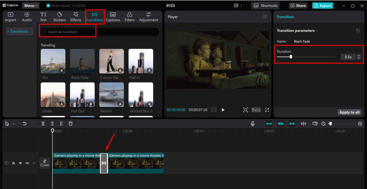 Adding filmmaking transitions to video in the CapCut desktop video editor