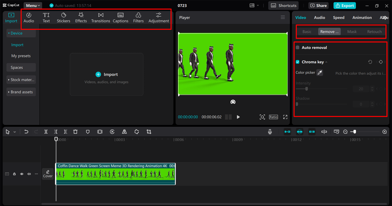 Editing interface of the CapCut desktop video editor - a perfect tool to remove blue or green screen