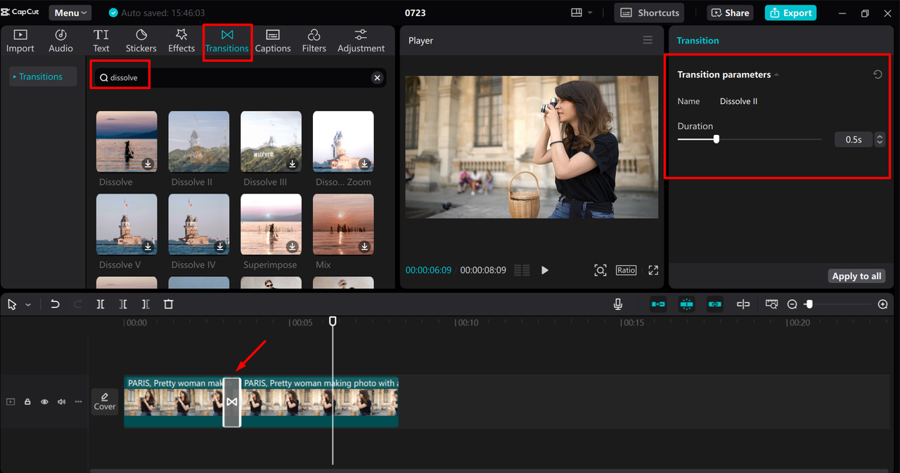 Adding dissolve transition to your video in the CapCut desktop video editor