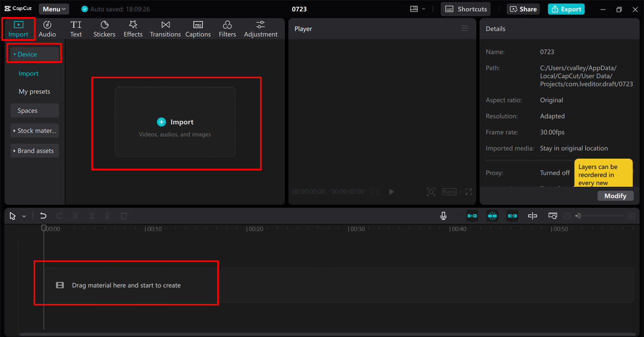 Importing video from the device to the CapCut desktop video editor