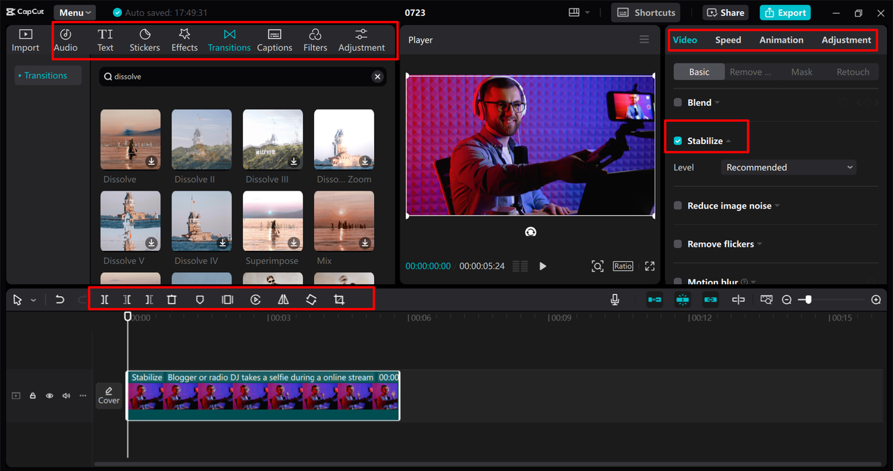 Editing the video using basic and advanced video editing tools in the CapCut desktop video editor