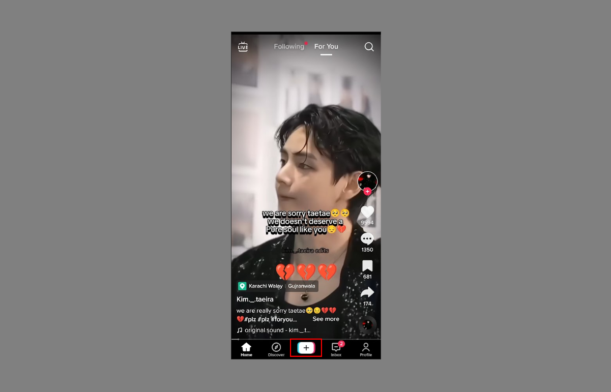 Tap the + icon to create a TikTok short video