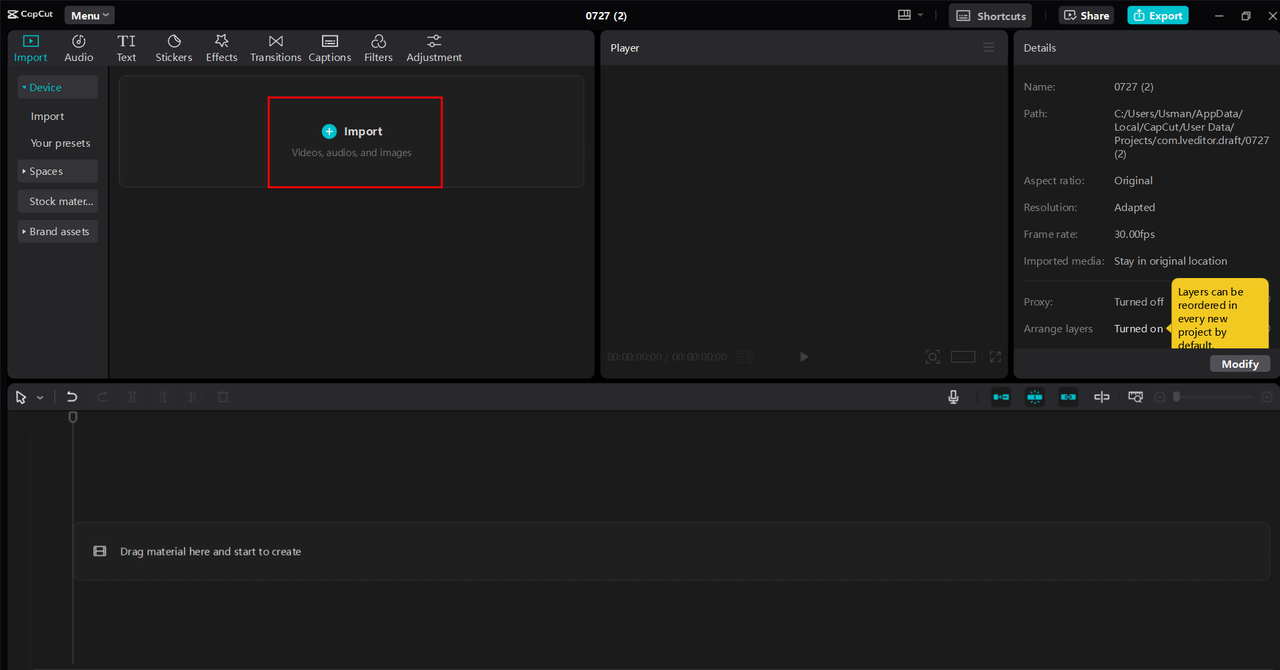 Import videos into the CapCut desktop video editor for editing TikTok short films