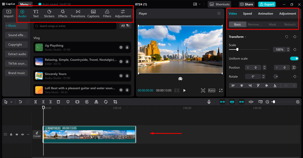 Editing the video in CapCut desktop video editor