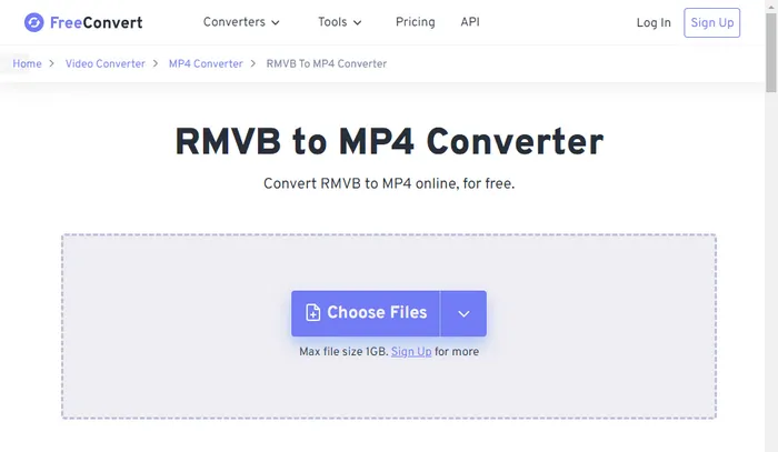 Interface of the FreeConvert - an online tool to convert RMVB files to MP4