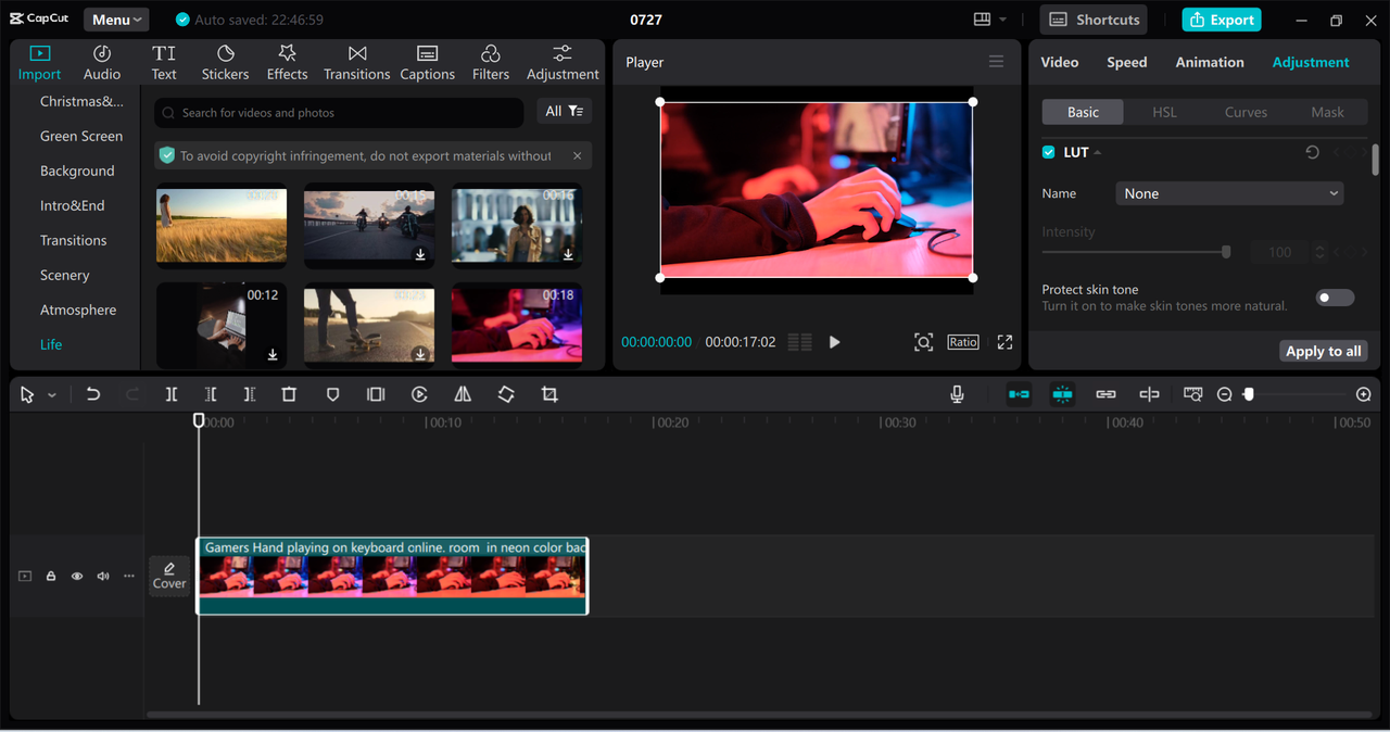 Editing interface of the CapCut desktop video editor - perfect tool to change color in video