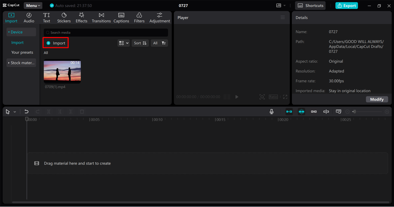 Importing clips to the CapCut desktop video editor to change the color of the video