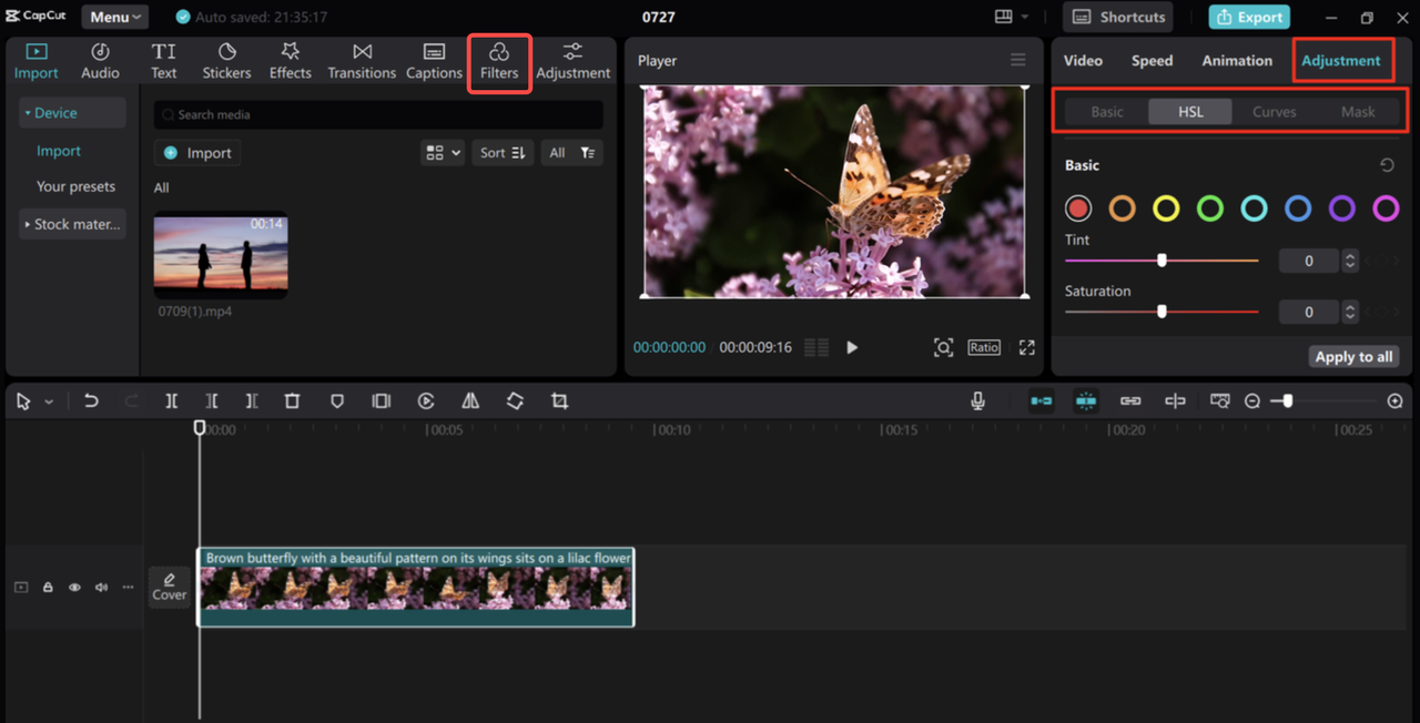 Changing the color of the video in the CapCut desktop video editor