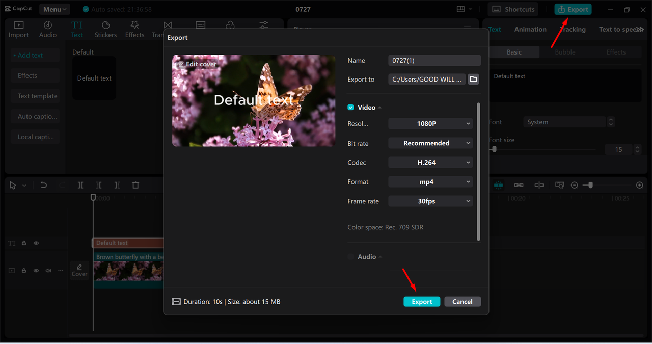 Exporting the video file from the CapCut desktop video editor