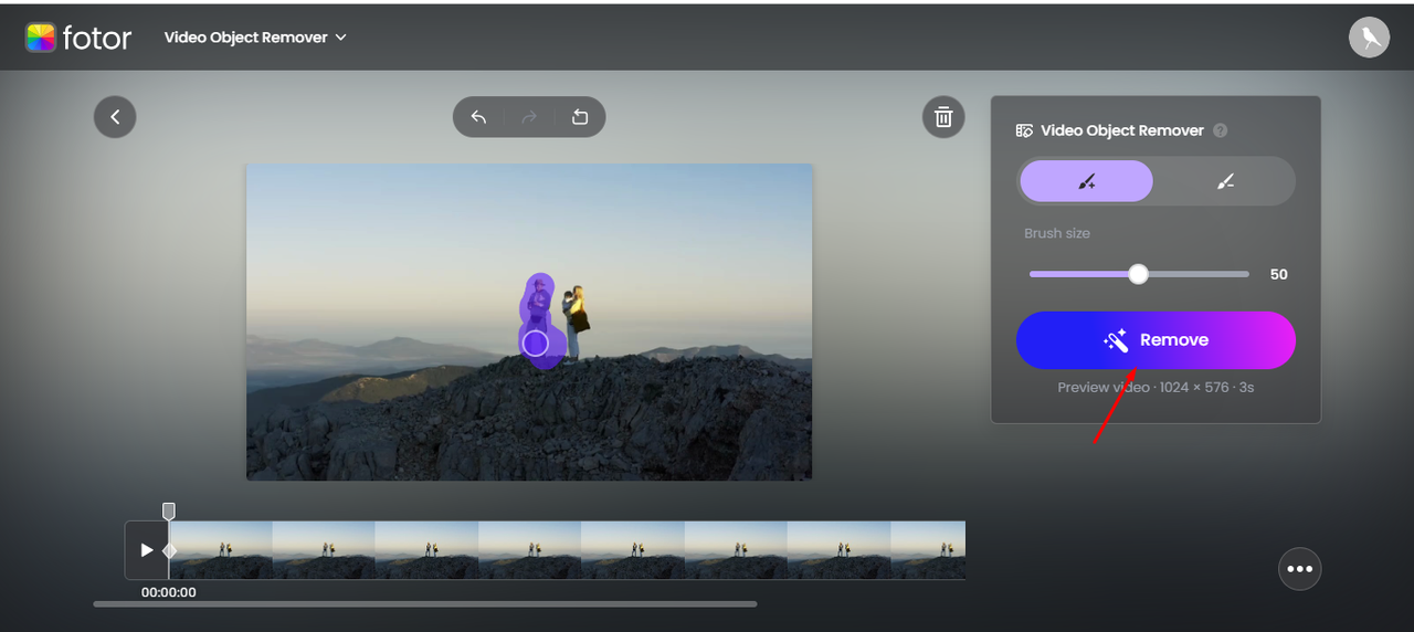 Interface of Fotor showing how to remove a person in the video