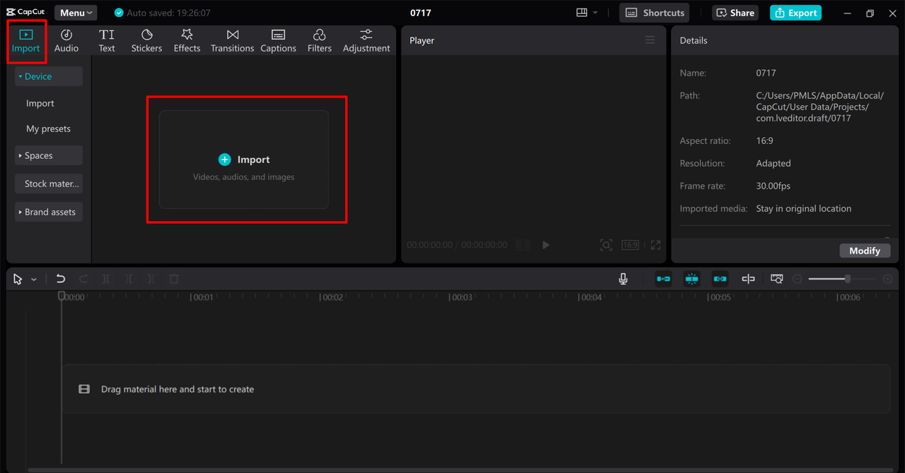 Importing a WAV file to compress in the CapCut desktop video editor