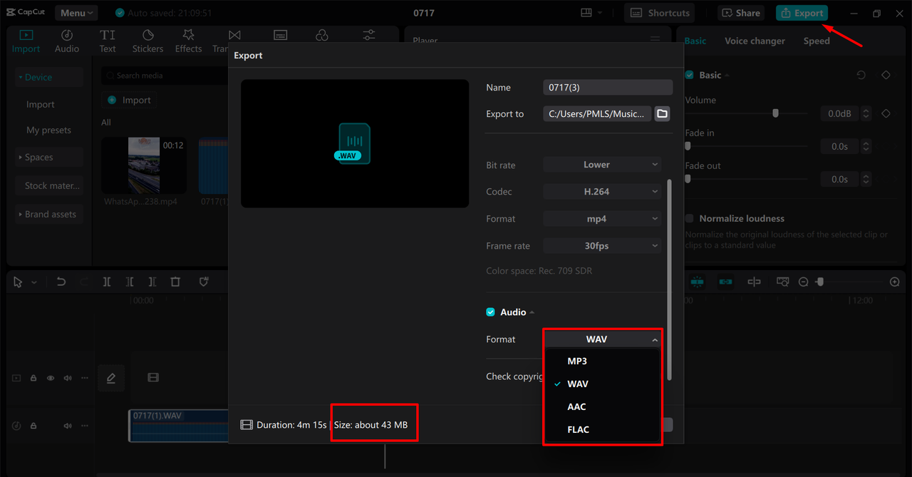 Showing how to compress WAV to MP3 format in the CapCut desktop video editor