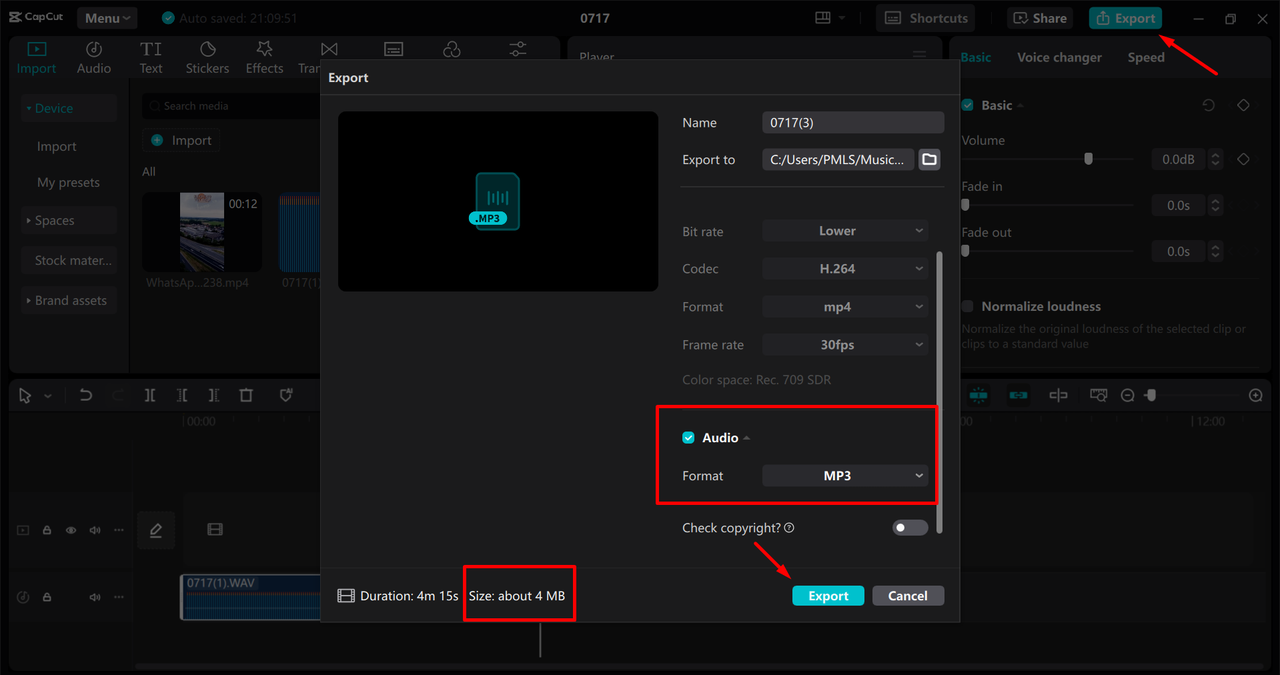 Exporting compressed WAV files from the CapCut desktop video editor