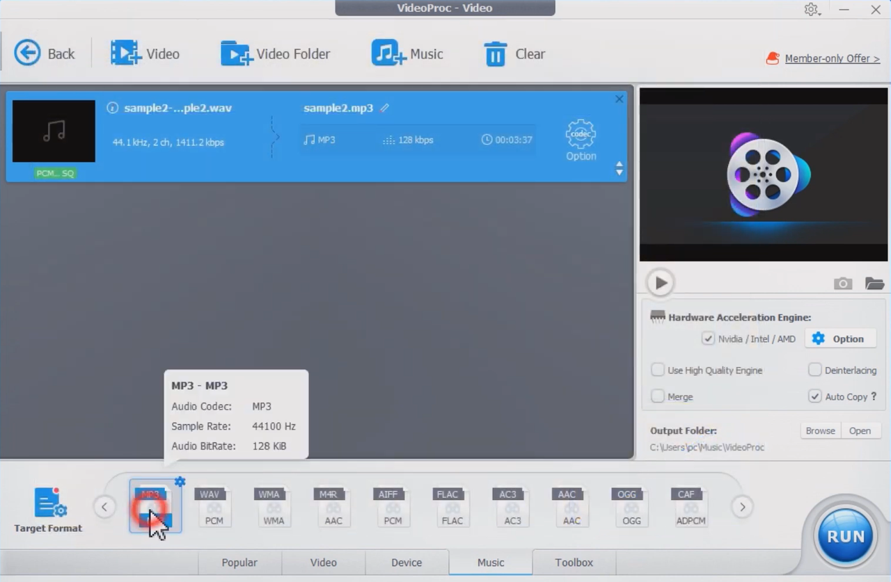 Interface of the VideoProc Converter AI - a robust tool to reduce WAV size