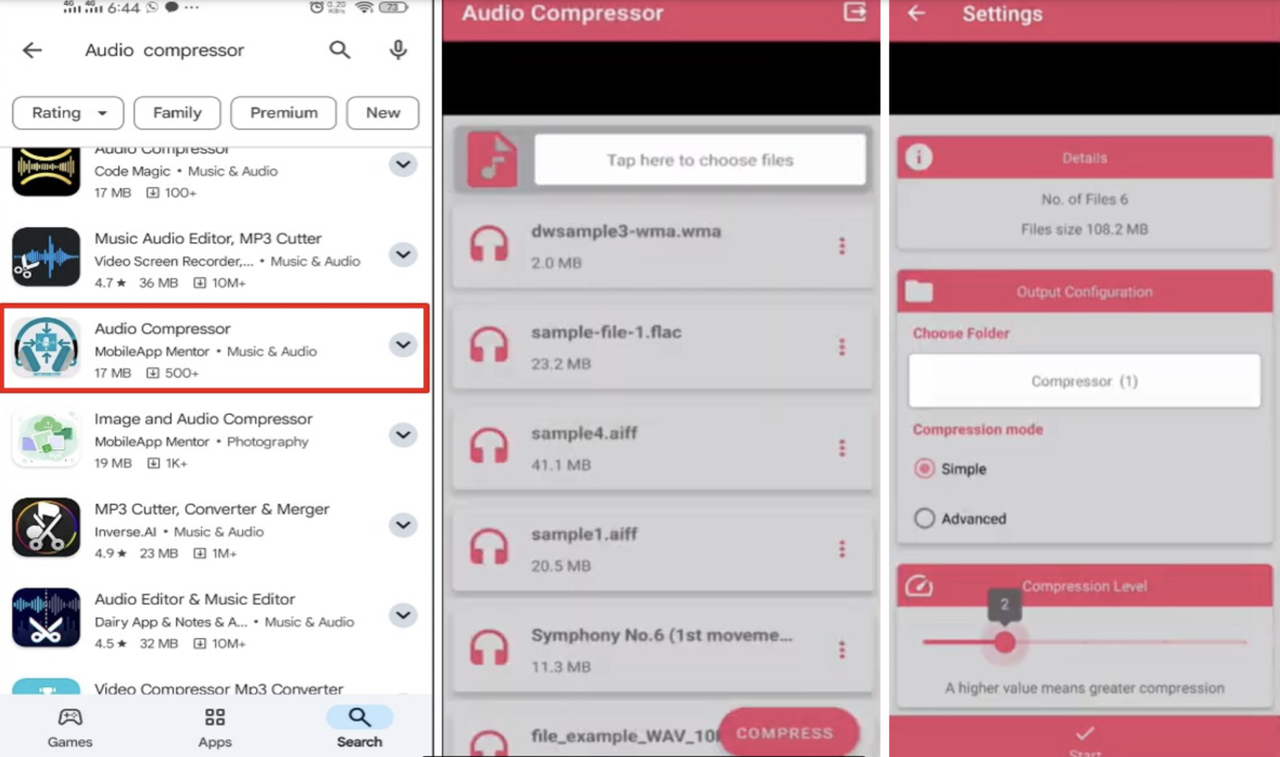 Compressing WAV file size in the Audio compressor mobile app 