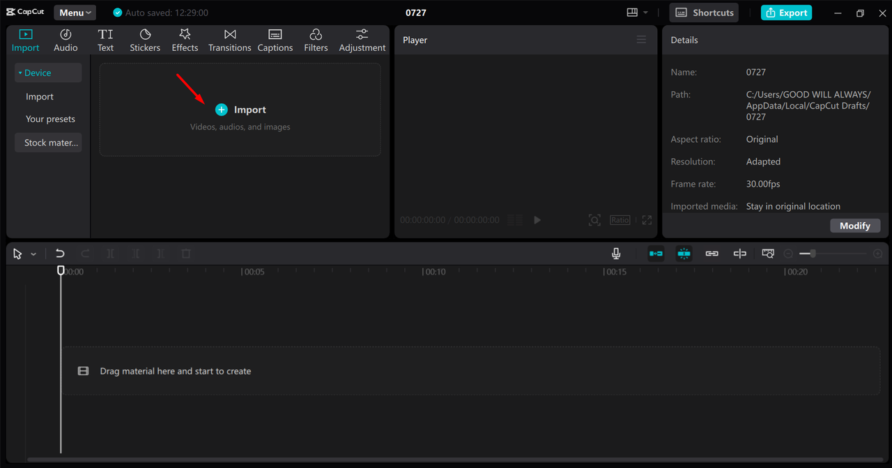 Importing the WAV file to the CapCut desktop video editor