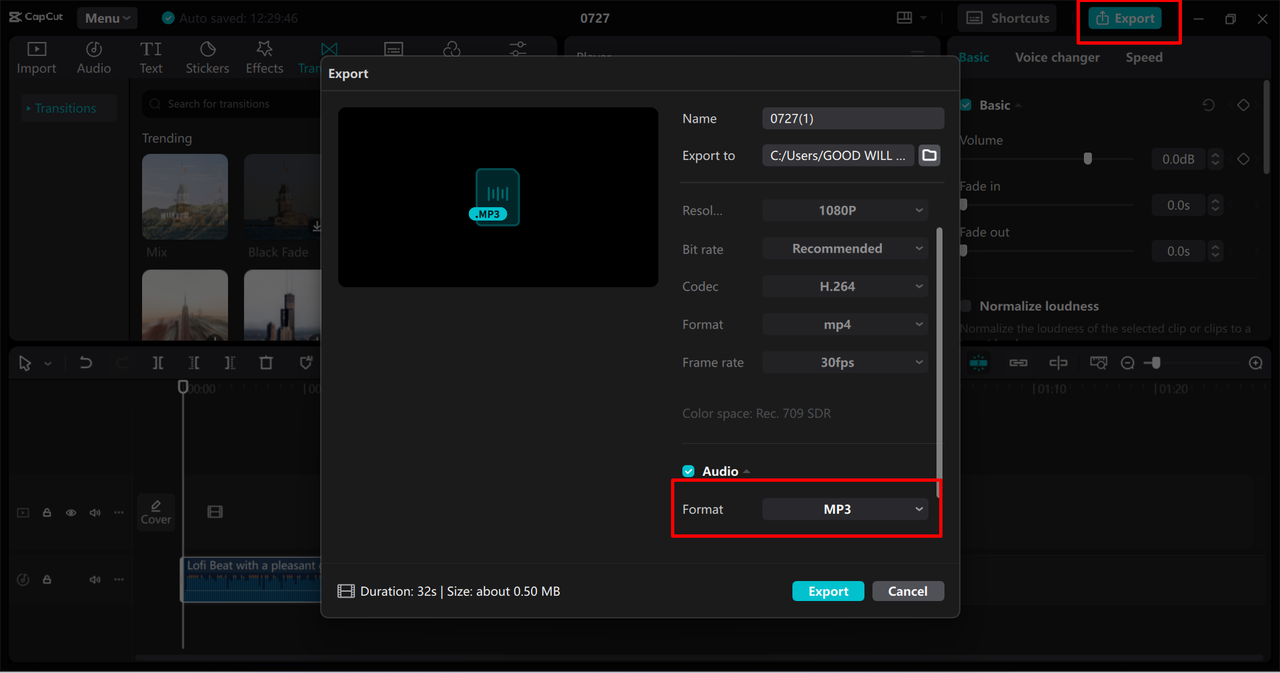 Compressing a WAV file in the CapCut desktop video editor