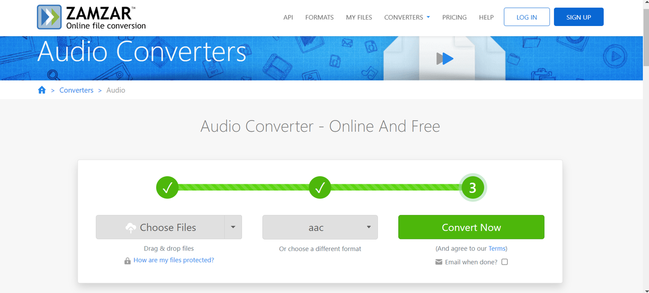 Interface of ZamZar - a robust free online tool to compress a WAV file