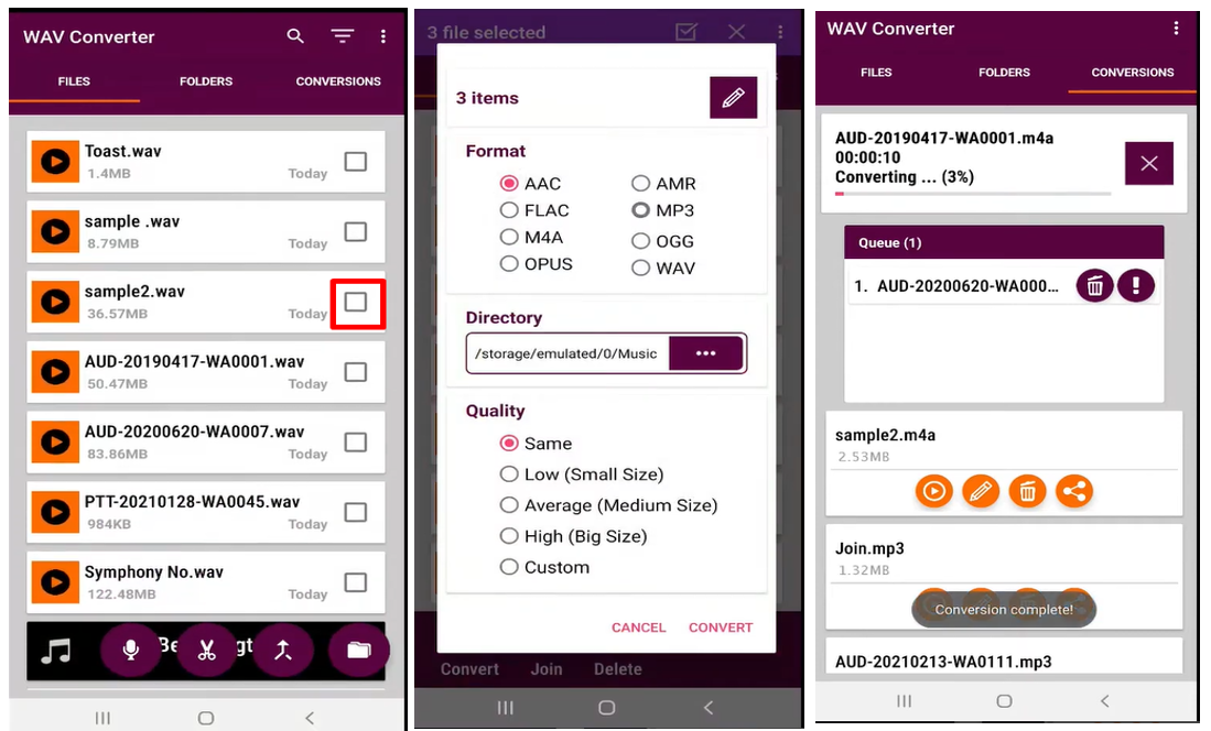  Image showing how to compress a WAV file to MP3 using WAV Converter on Android