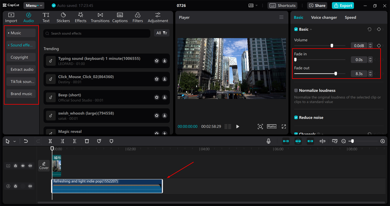 Refining the sound before audio file format conversion on CapCut desktop video editor