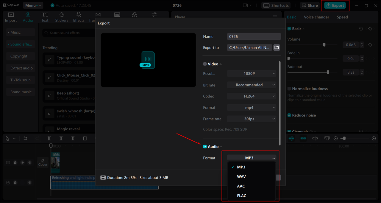 Converting audio file format and exporting audio/music from CapCut desktop video editor